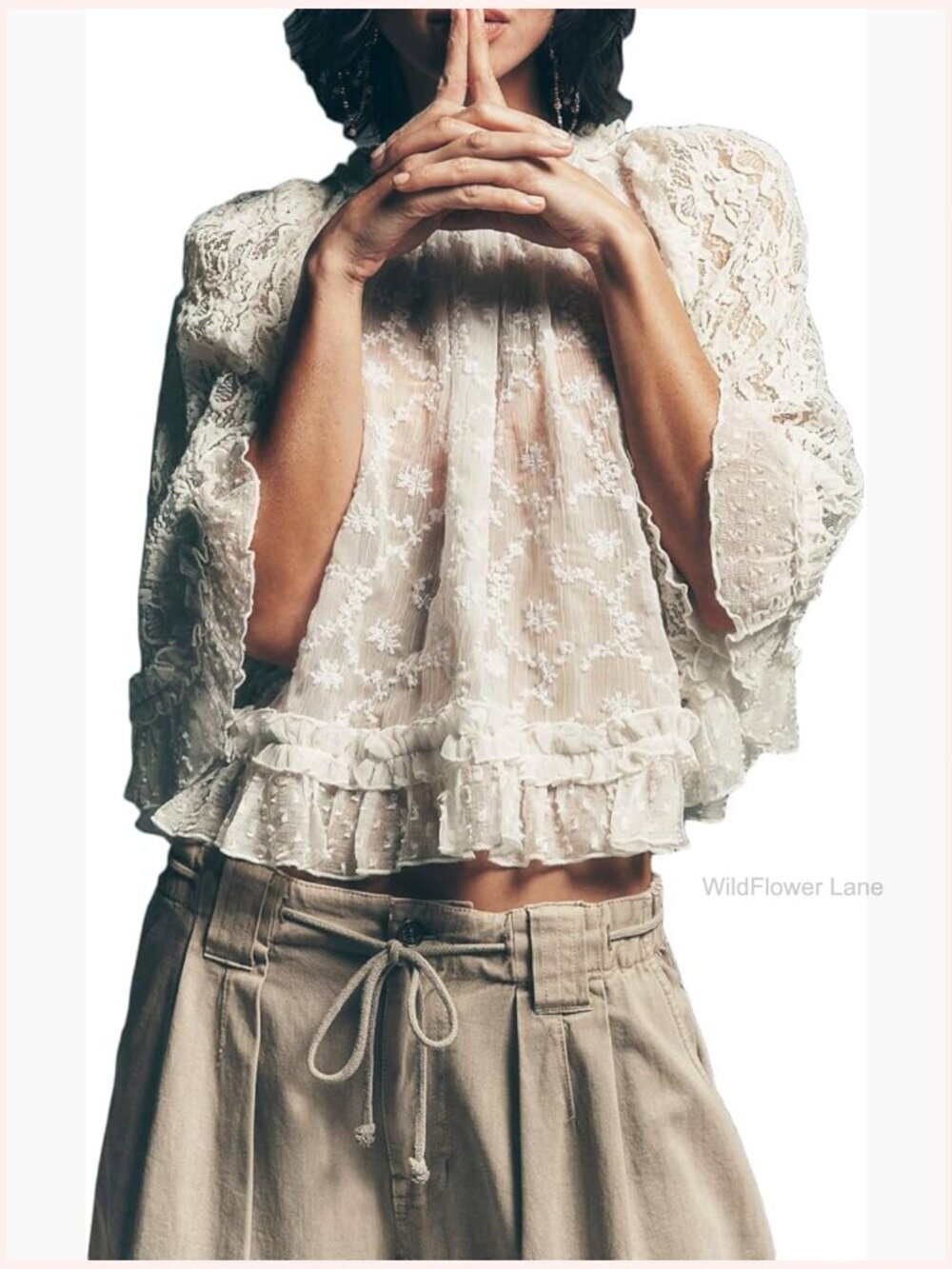 Long Sleeve Lace Crop Top Sheer Mesh Floral Streetwear Blouse